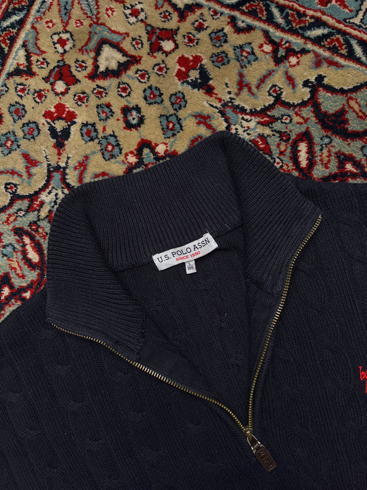 U.S. Polo Assn. Cotton Navy Blue Cable Knit Quarter Zip Sweater - M