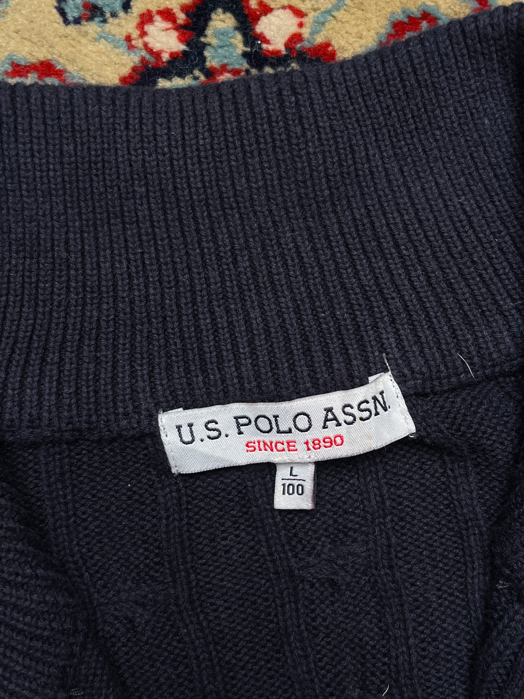 U.S. Polo Assn. Cotton Navy Blue Cable Knit Quarter Zip Sweater - M