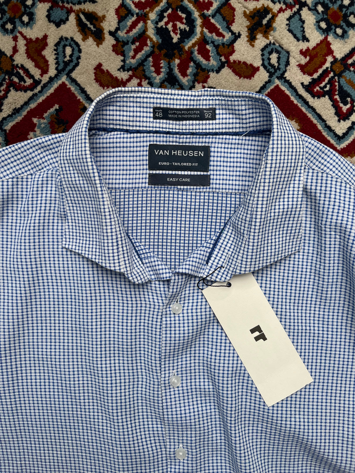 Van Heusen Blue Check Tailored Easy Care Button Down Shirt  - XL