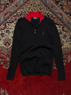 Polo Ralph Lauren Black Red Cable Knit QUARTER Zip Sweater - S