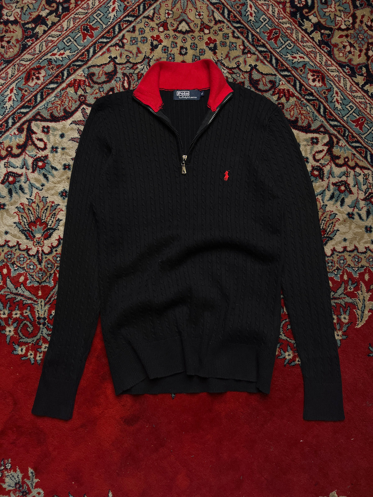 Polo Ralph Lauren Black Red Cable Knit QUARTER Zip Sweater - S