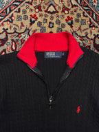 Polo Ralph Lauren Black Red Cable Knit QUARTER Zip Sweater - S