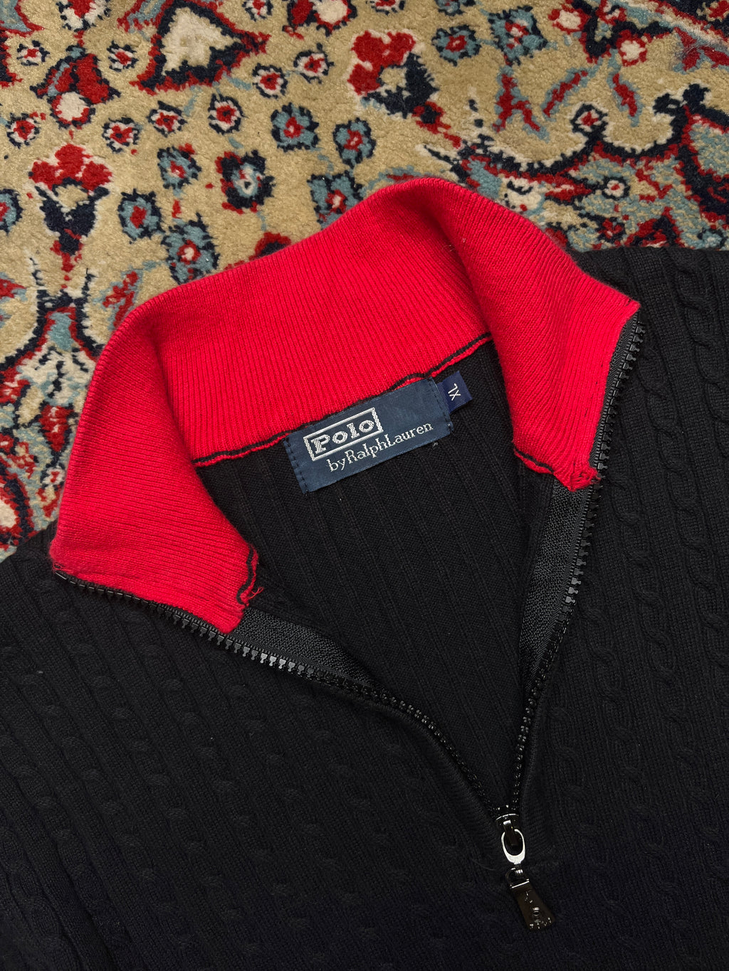 Polo Ralph Lauren Black Red Cable Knit QUARTER Zip Sweater - S