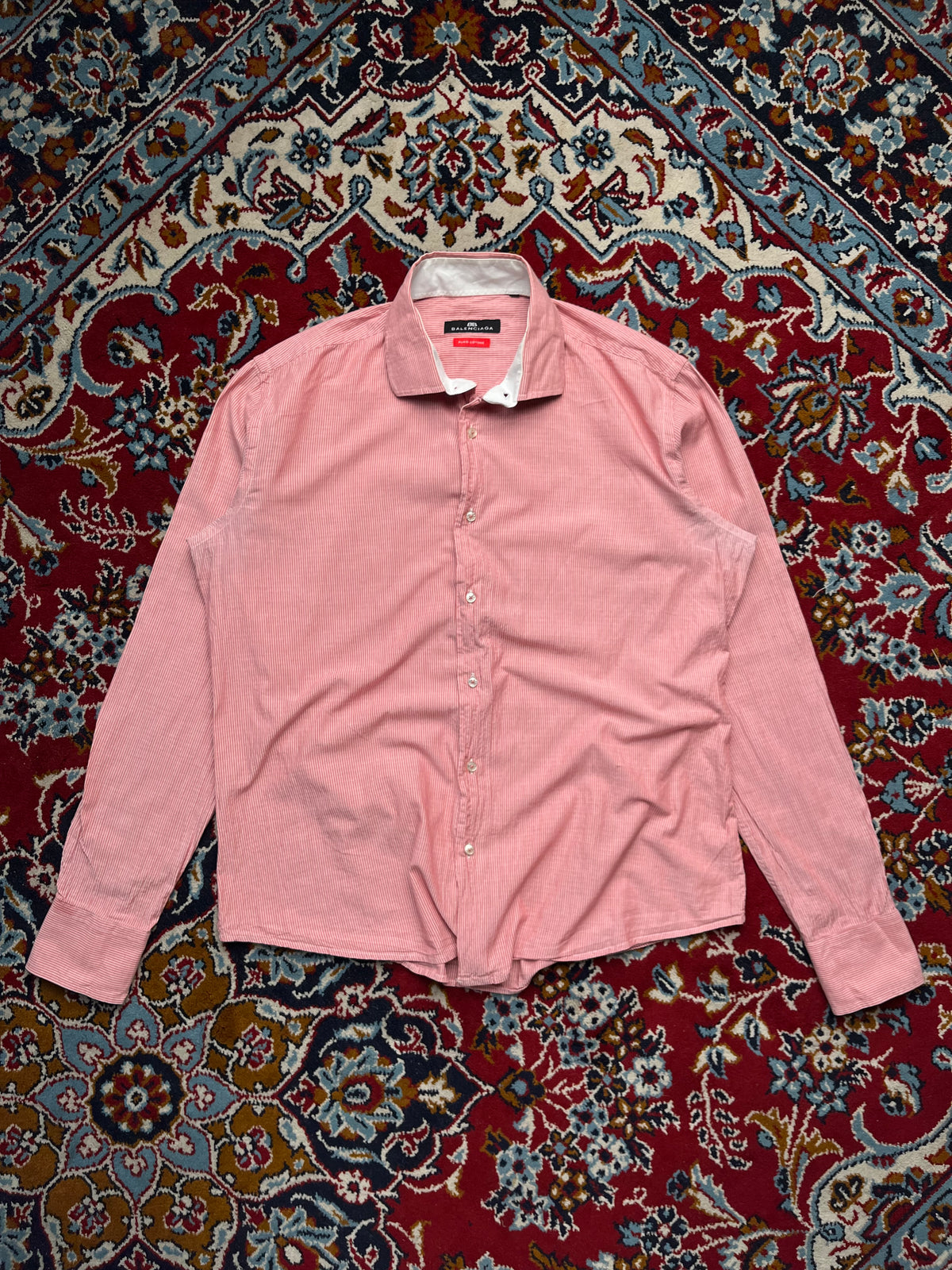 Balenciaga Red White Pinstripe Puro Cotone Button Down Shirt - L