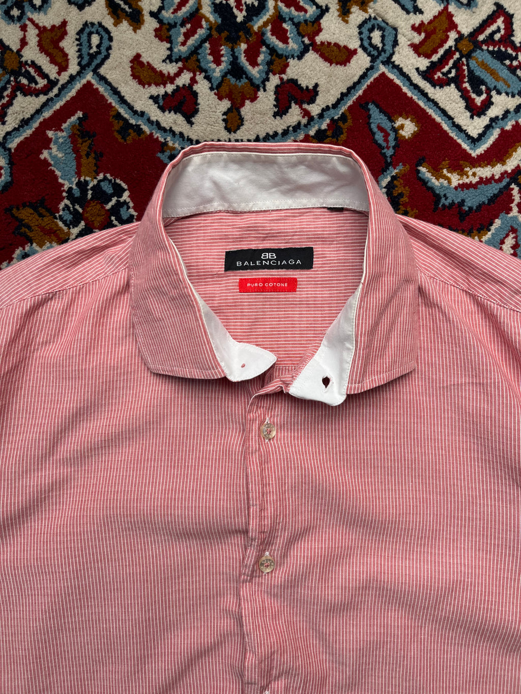 Balenciaga Red White Pinstripe Puro Cotone Button Down Shirt - L