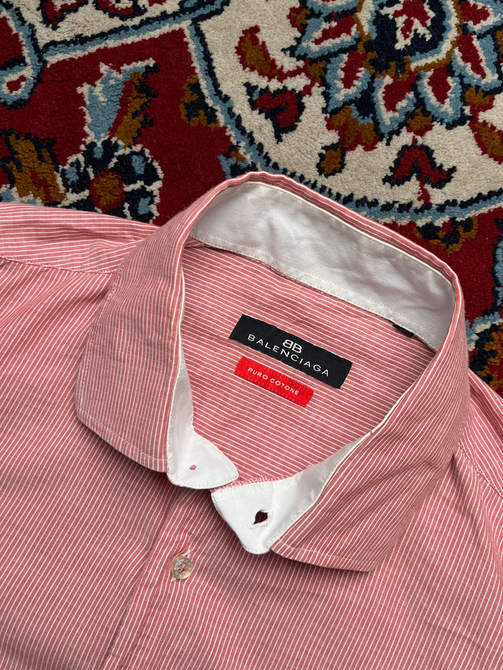 Balenciaga Red White Pinstripe Puro Cotone Button Down Shirt - L