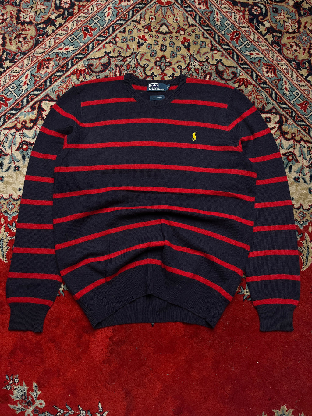 Polo Ralph Lauren Lambswool Navy Red Striped Yellow Pony Crewneck Sweater - L