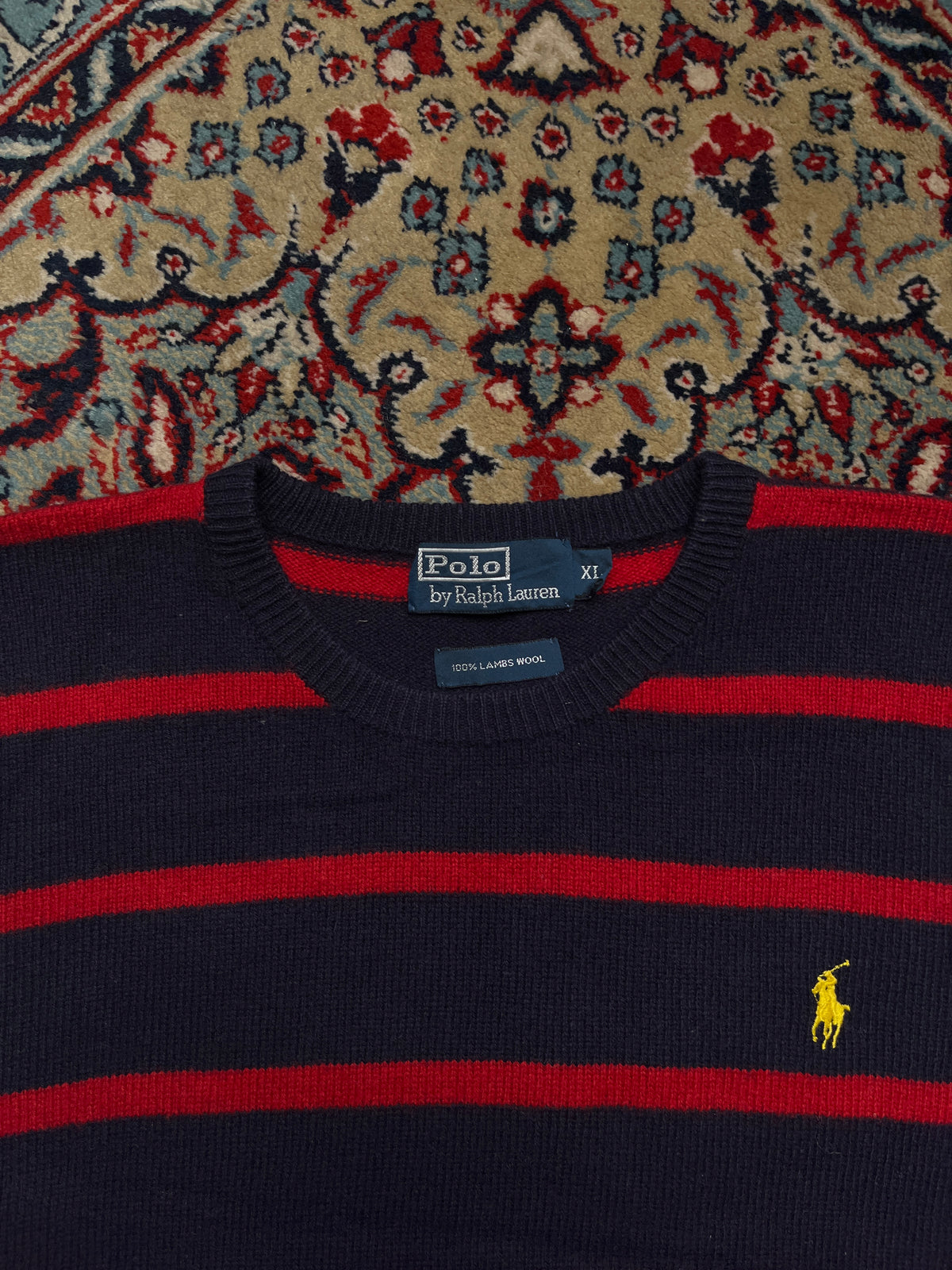 Polo Ralph Lauren Lambswool Navy Red Striped Yellow Pony Crewneck Sweater - L