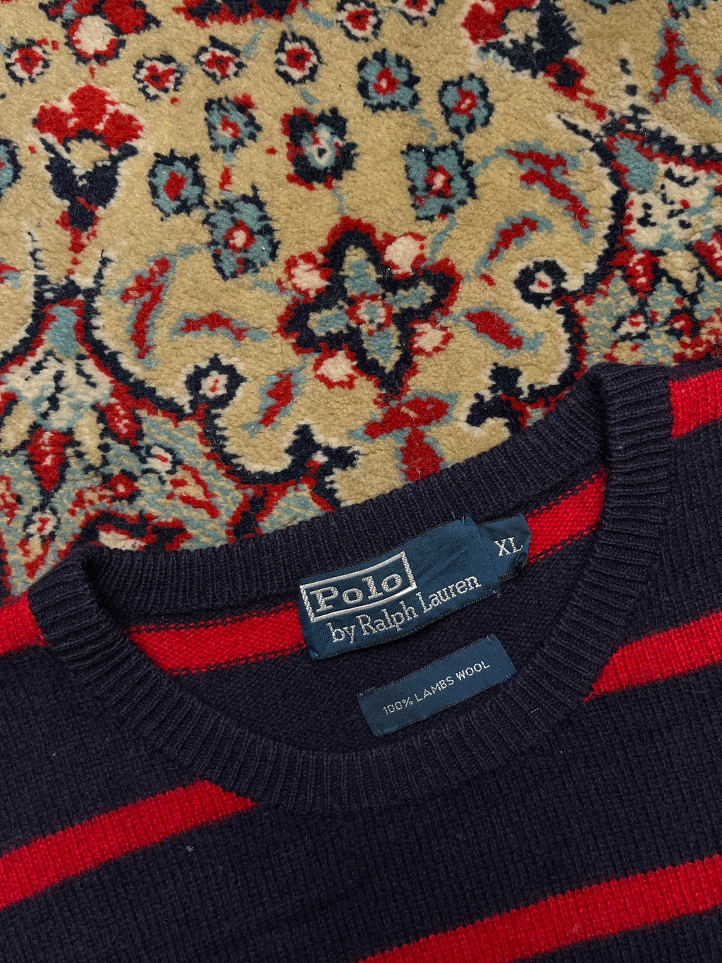 Polo Ralph Lauren Lambswool Navy Red Striped Yellow Pony Crewneck Sweater - L