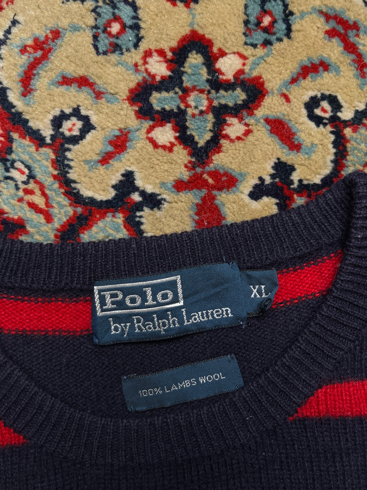 Polo Ralph Lauren Lambswool Navy Red Striped Yellow Pony Crewneck Sweater - L
