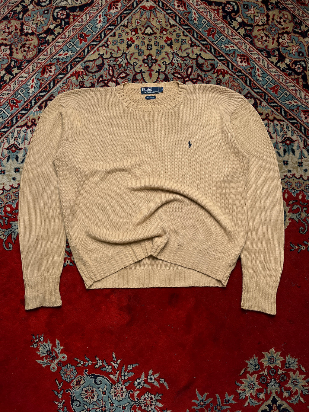 Vintage Polo Ralph Lauren Beige Relaxed Fit Heavy Cotton Knit Crewneck Pullover Sweater - L