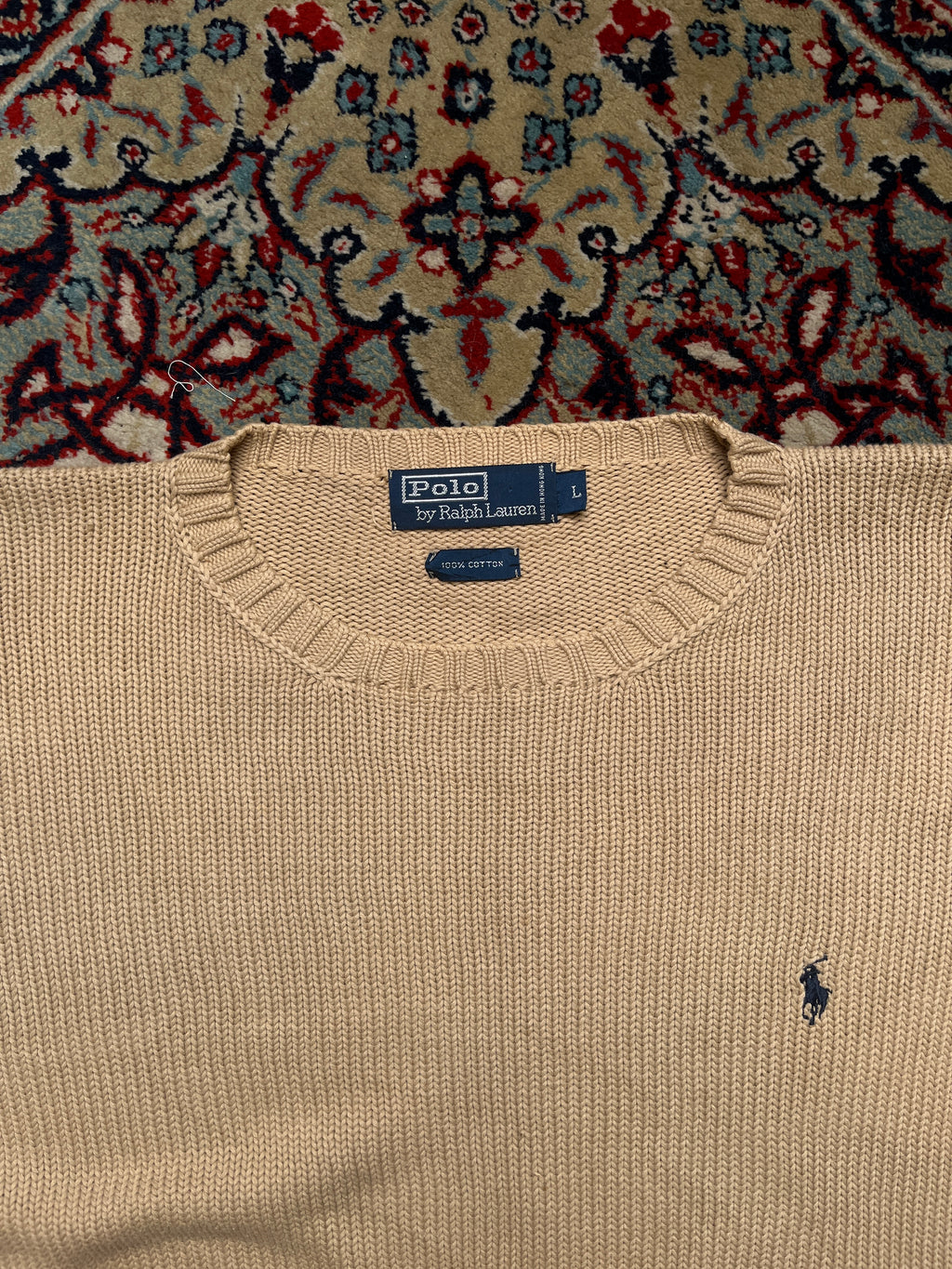 Vintage Polo Ralph Lauren Beige Relaxed Fit Heavy Cotton Knit Crewneck Pullover Sweater - L