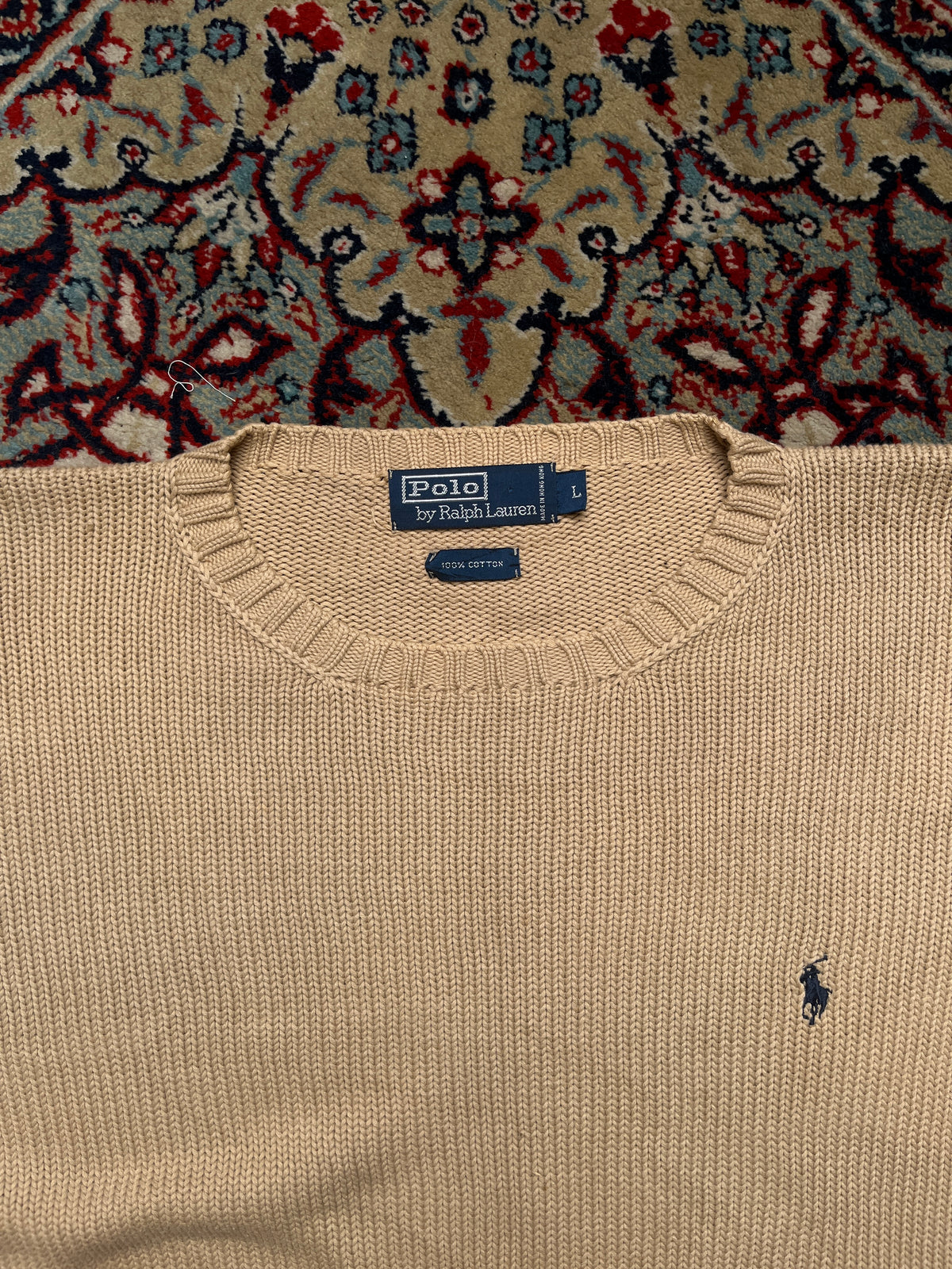 Vintage Polo Ralph Lauren Beige Relaxed Fit Heavy Cotton Knit Crewneck Pullover Sweater - L