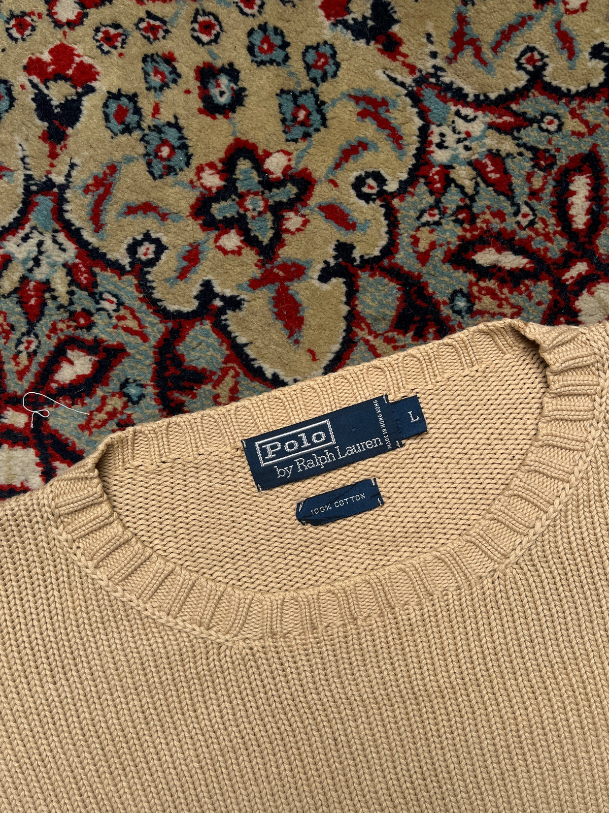 Vintage Polo Ralph Lauren Beige Relaxed Fit Heavy Cotton Knit Crewneck Pullover Sweater - L