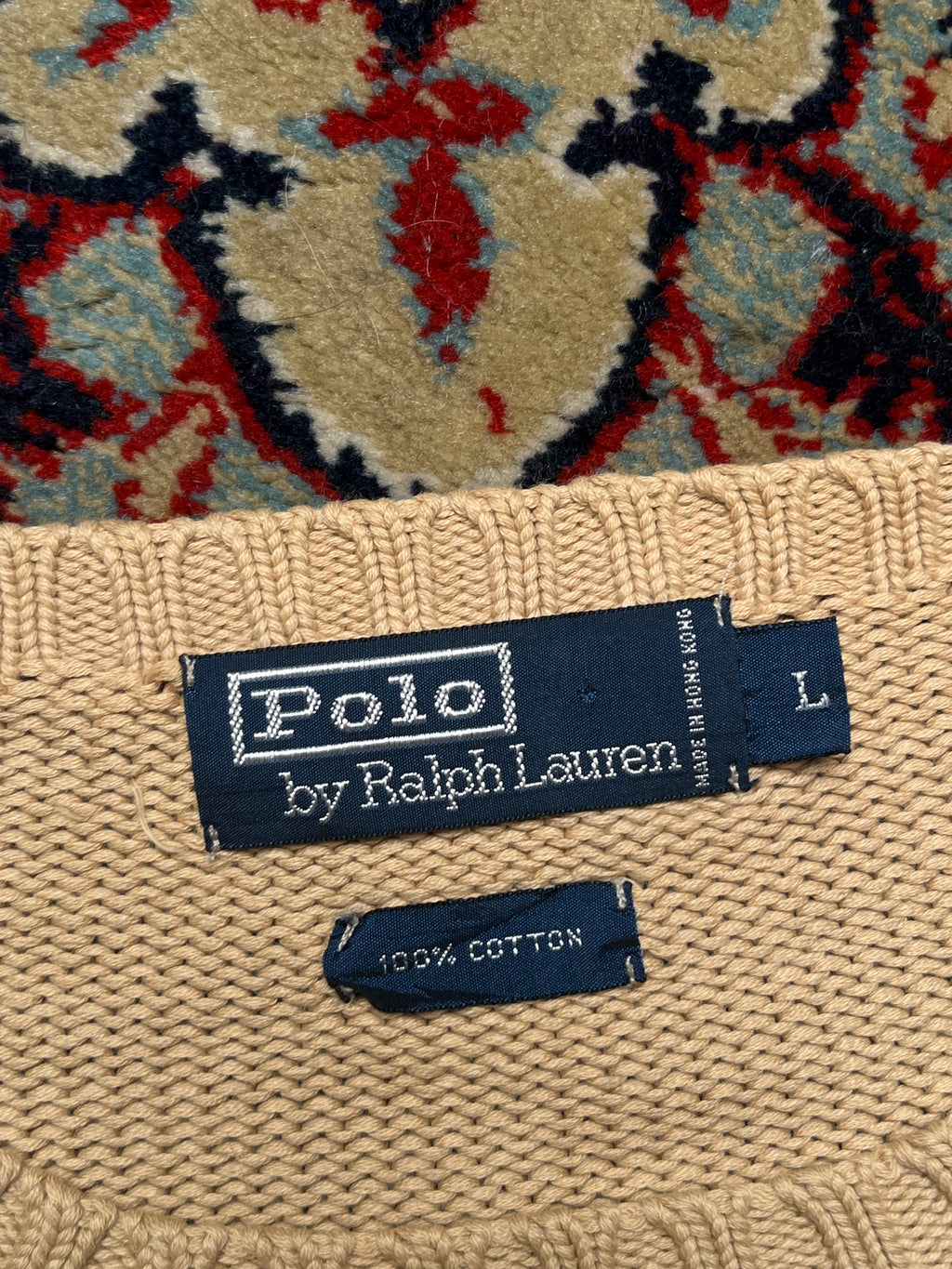 Vintage Polo Ralph Lauren Beige Relaxed Fit Heavy Cotton Knit Crewneck Pullover Sweater - L