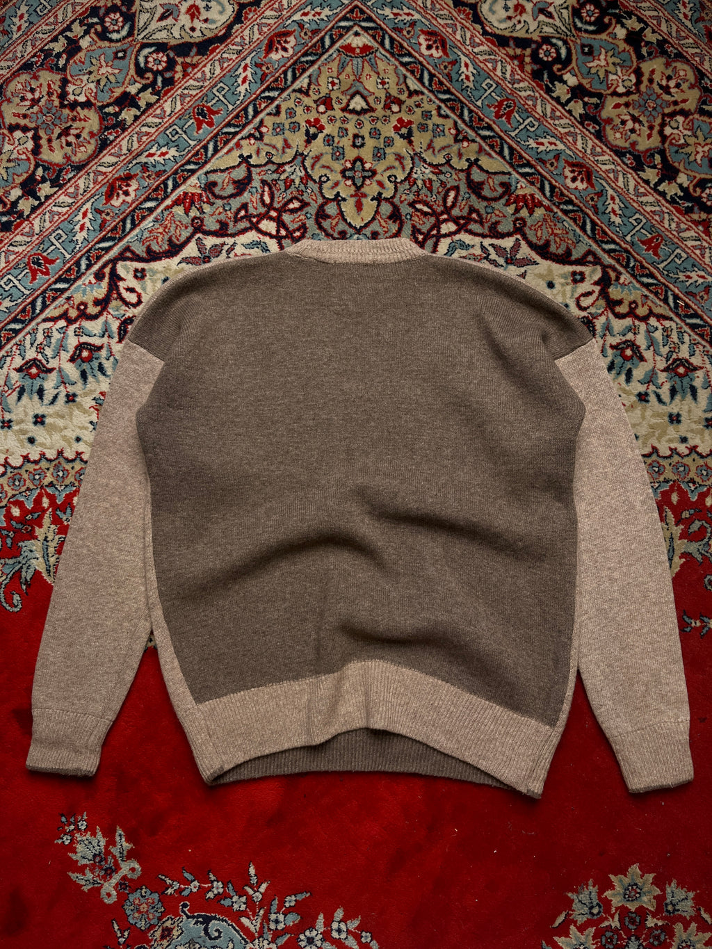 Loafer Korea Two Tone Colorblock Beige Brown Wool Crewneck Pullover Sweater - L