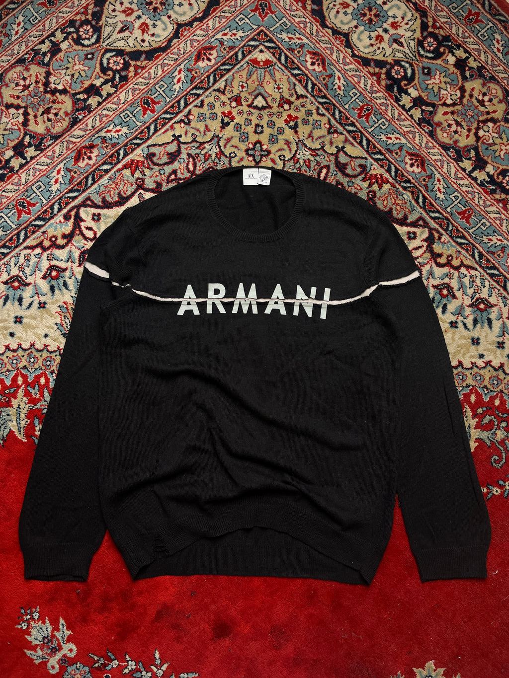 Armani Exchange Spellout Big Logo Distressed Cotton Wool Black Knit Crewneck Sweater - L