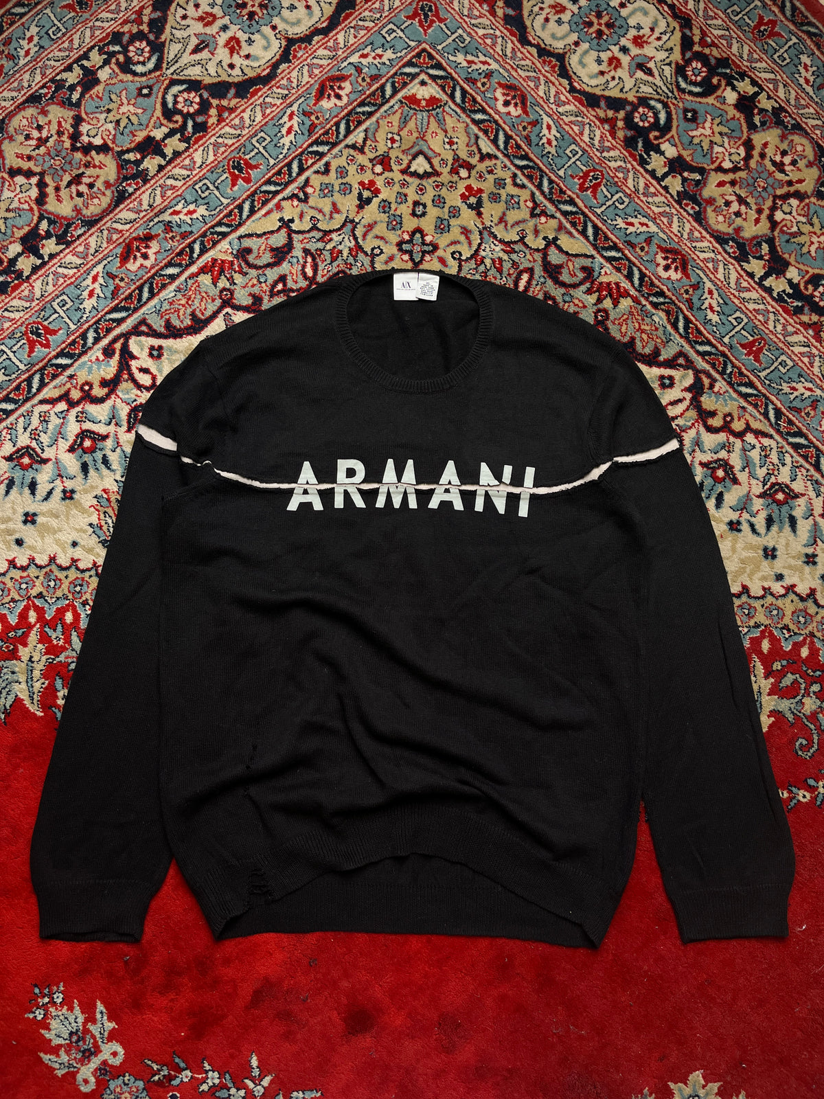 Armani Exchange Spellout Big Logo Distressed Cotton Wool Black Knit Crewneck Sweater - L