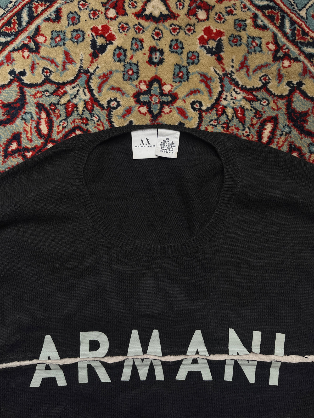 Armani Exchange Spellout Big Logo Distressed Cotton Wool Black Knit Crewneck Sweater - L