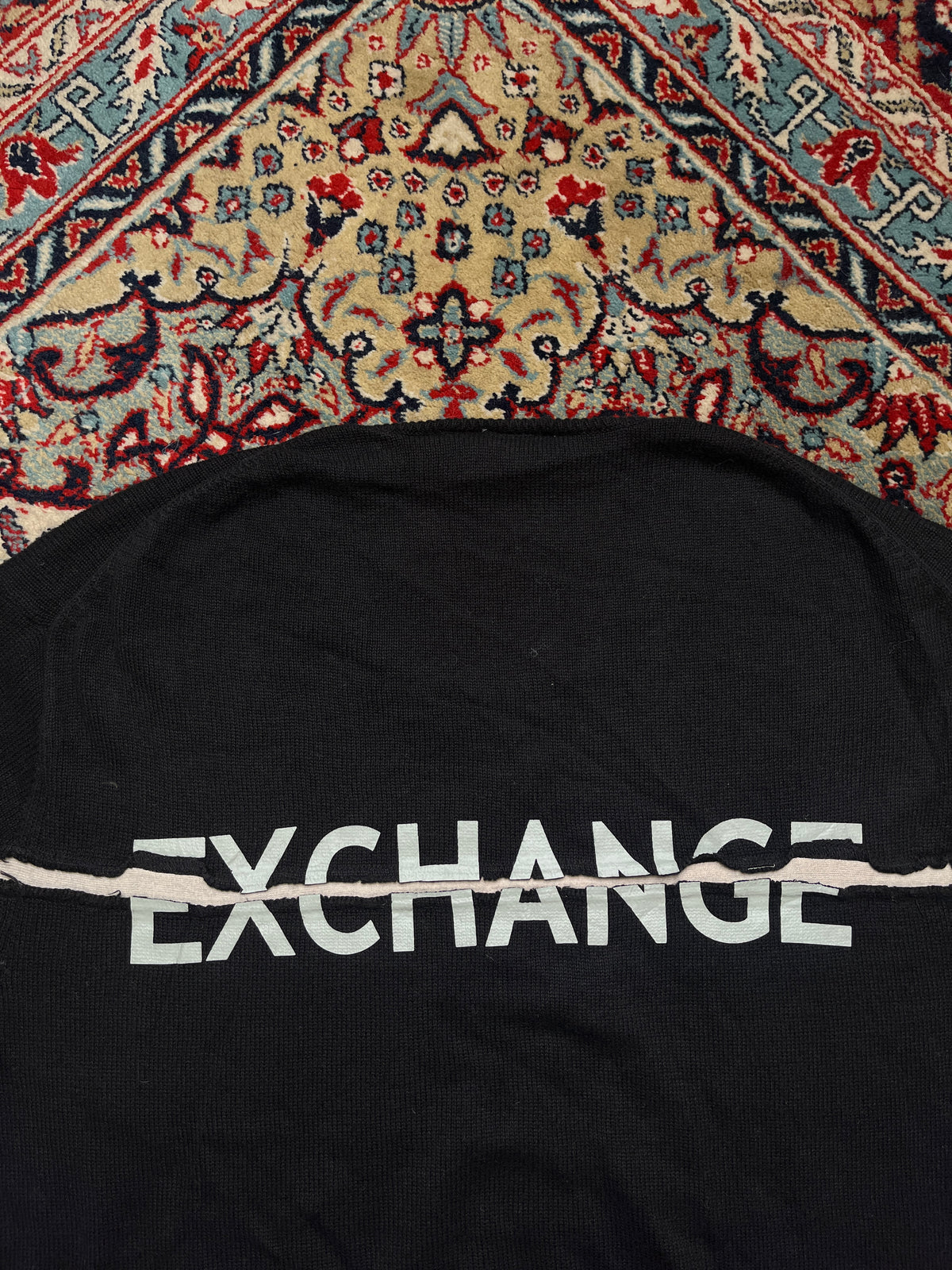 Armani Exchange Spellout Big Logo Distressed Cotton Wool Black Knit Crewneck Sweater - L