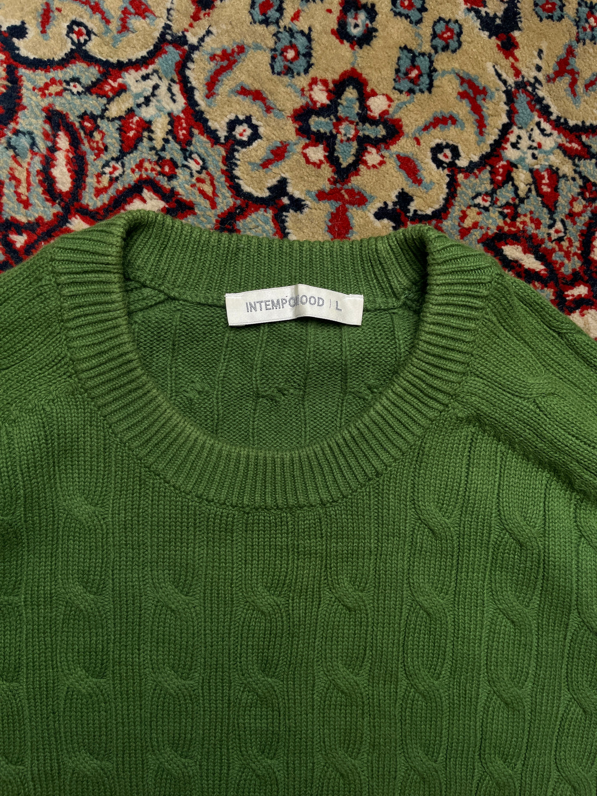 Intempomood Green Cable Knit Crewneck Pullover Sweater - L