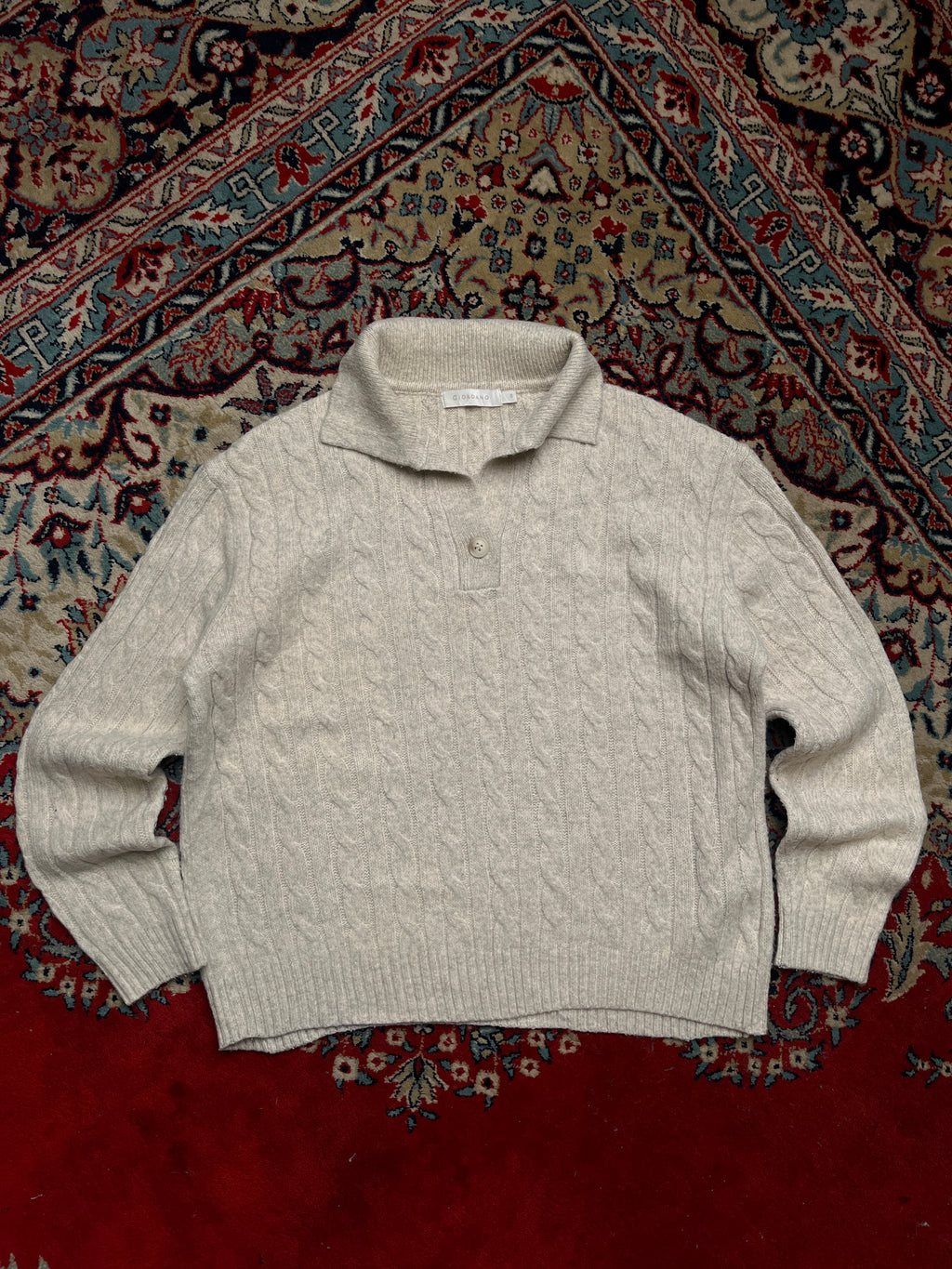Giordano Oatmeal Beige Cable Knit Collared Button Pullover Sweater - S