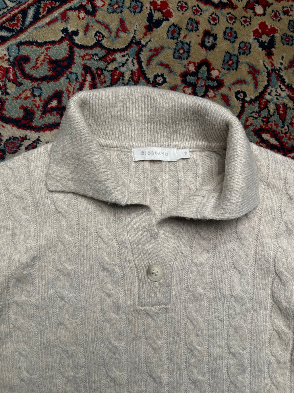 Giordano Oatmeal Beige Cable Knit Collared Button Pullover Sweater - S