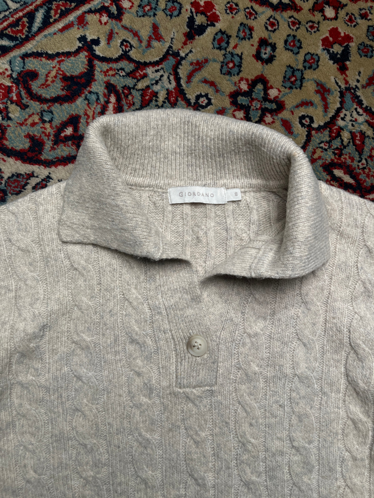 Giordano Oatmeal Beige Cable Knit Collared Button Pullover Sweater - S