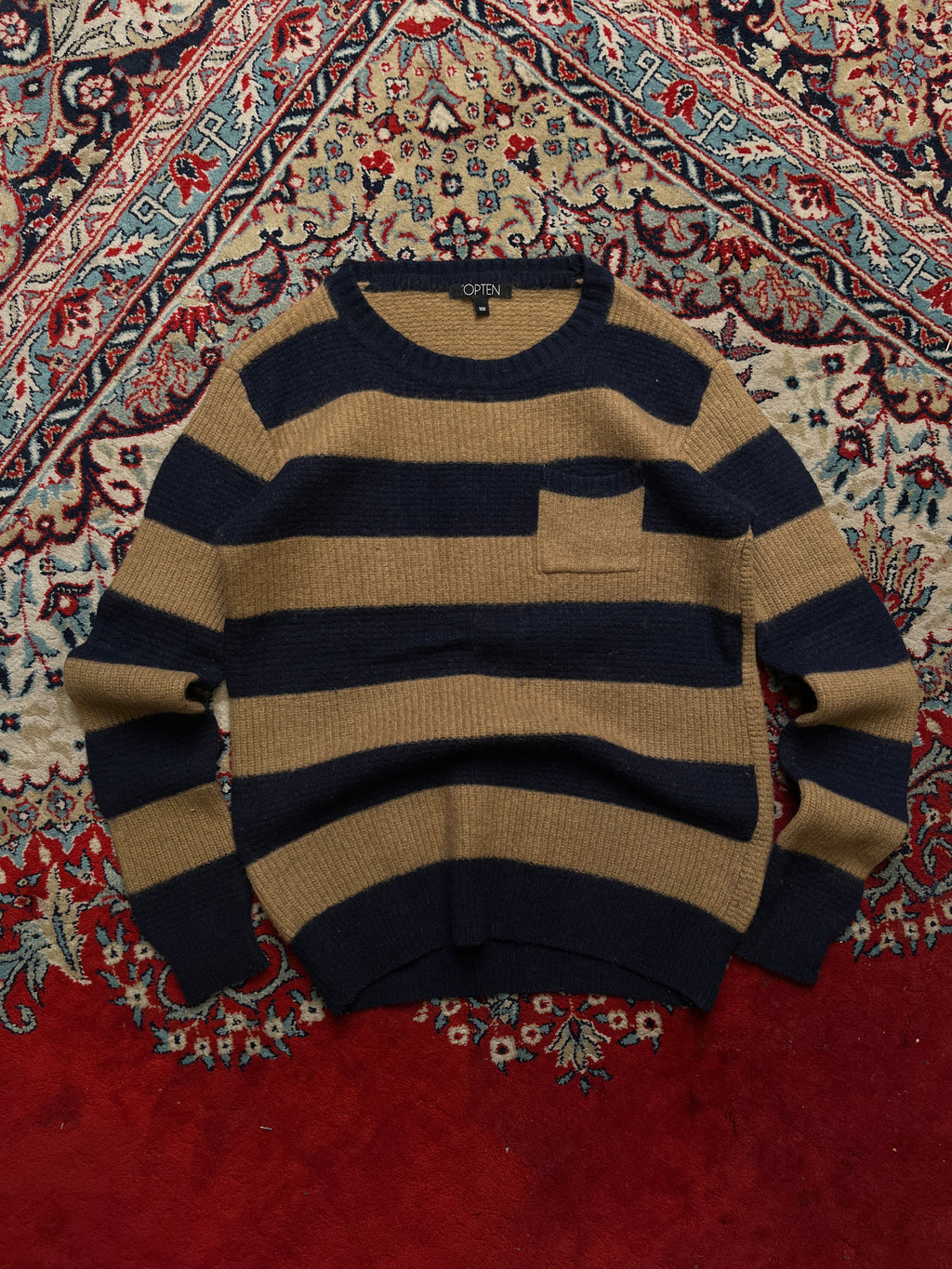 TOPTEN Block Striped Pocket Knit Crewneck Wool Sweater - M