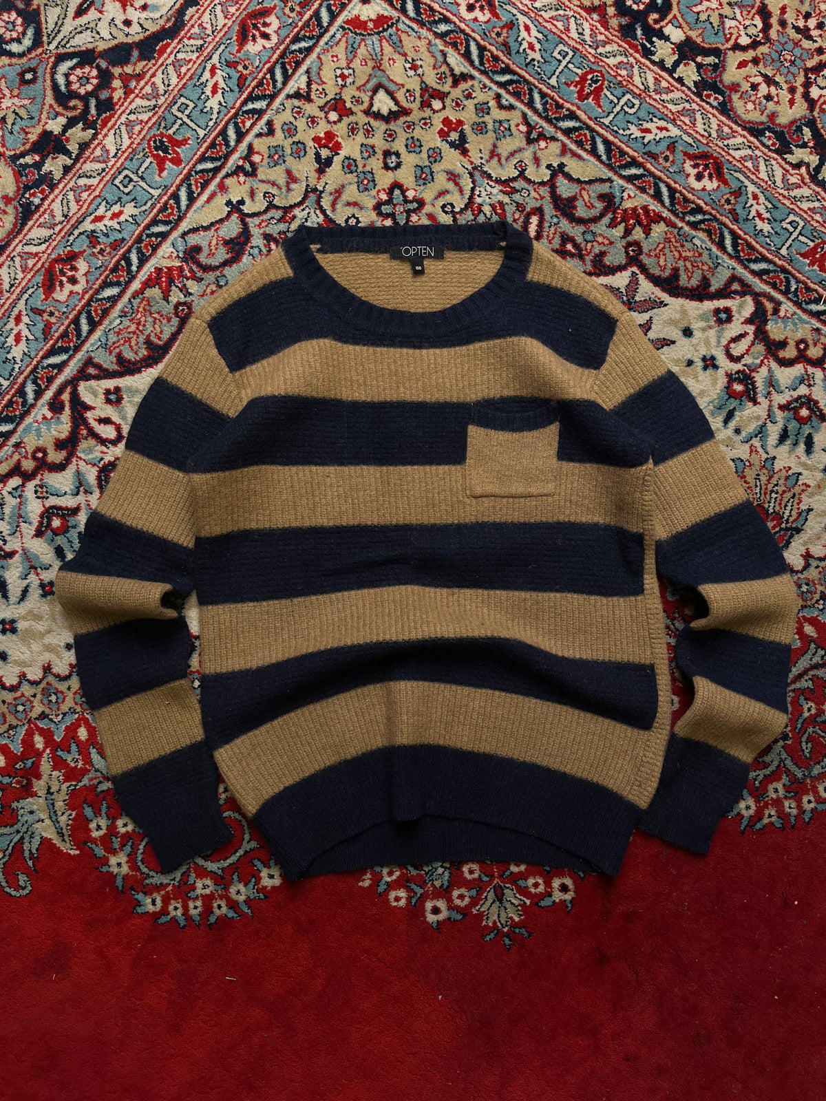 TOPTEN Block Striped Pocket Knit Crewneck Wool Sweater - M