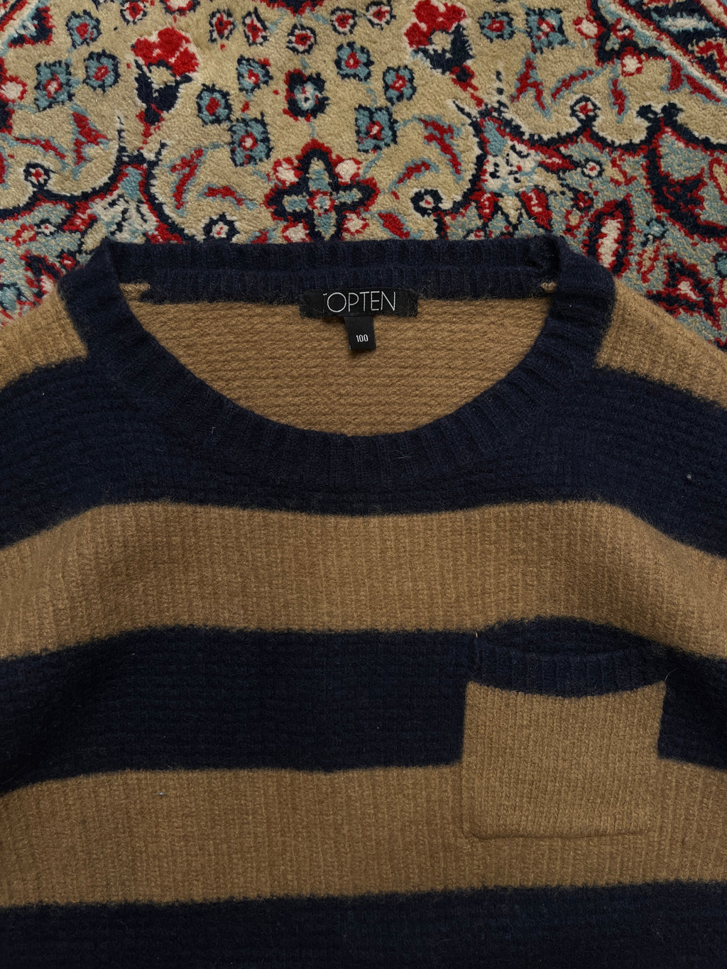 TOPTEN Block Striped Pocket Knit Crewneck Wool Sweater - M