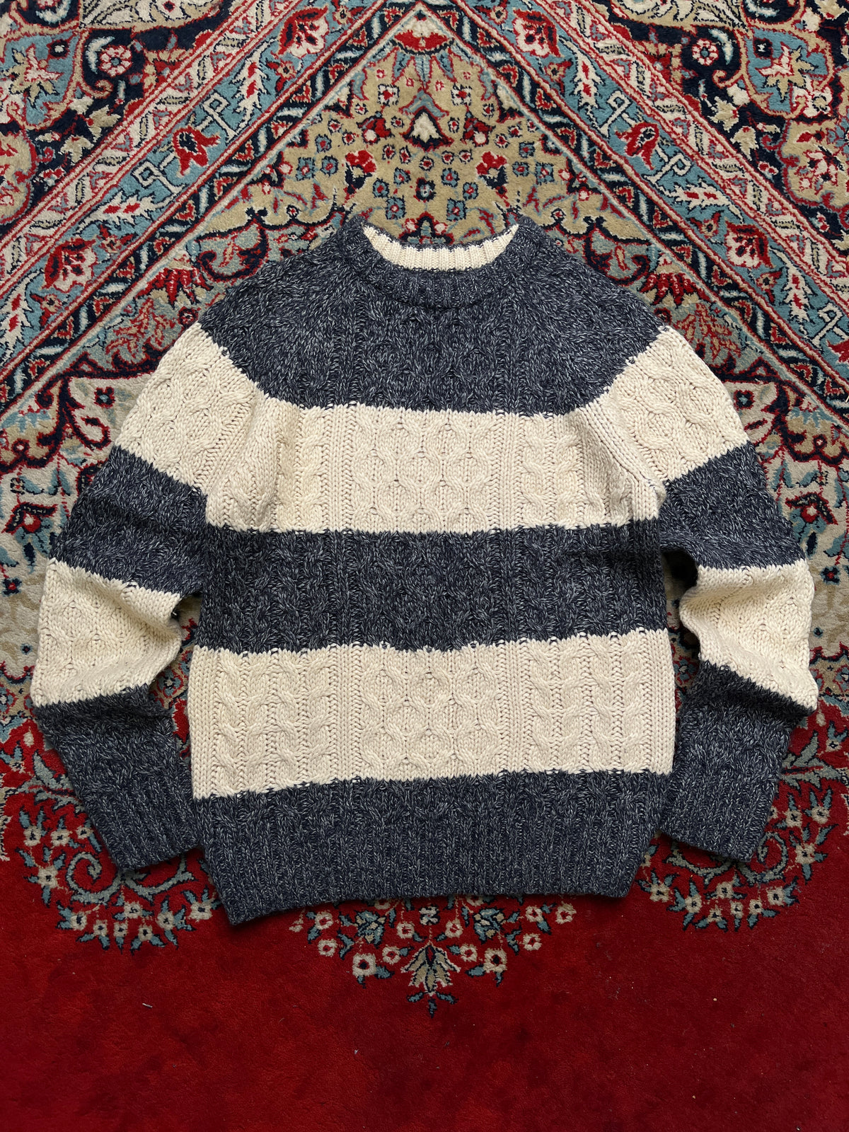 SPAO Chunky Marled Cable Knit Striped Crewneck Sweater - M