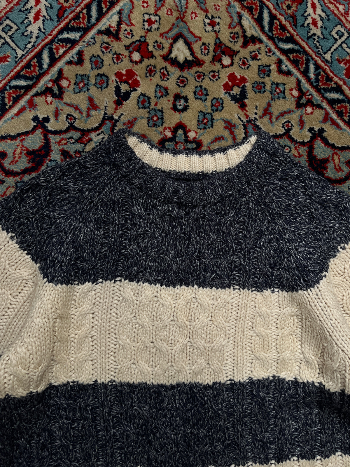 SPAO Chunky Marled Cable Knit Striped Crewneck Sweater - M