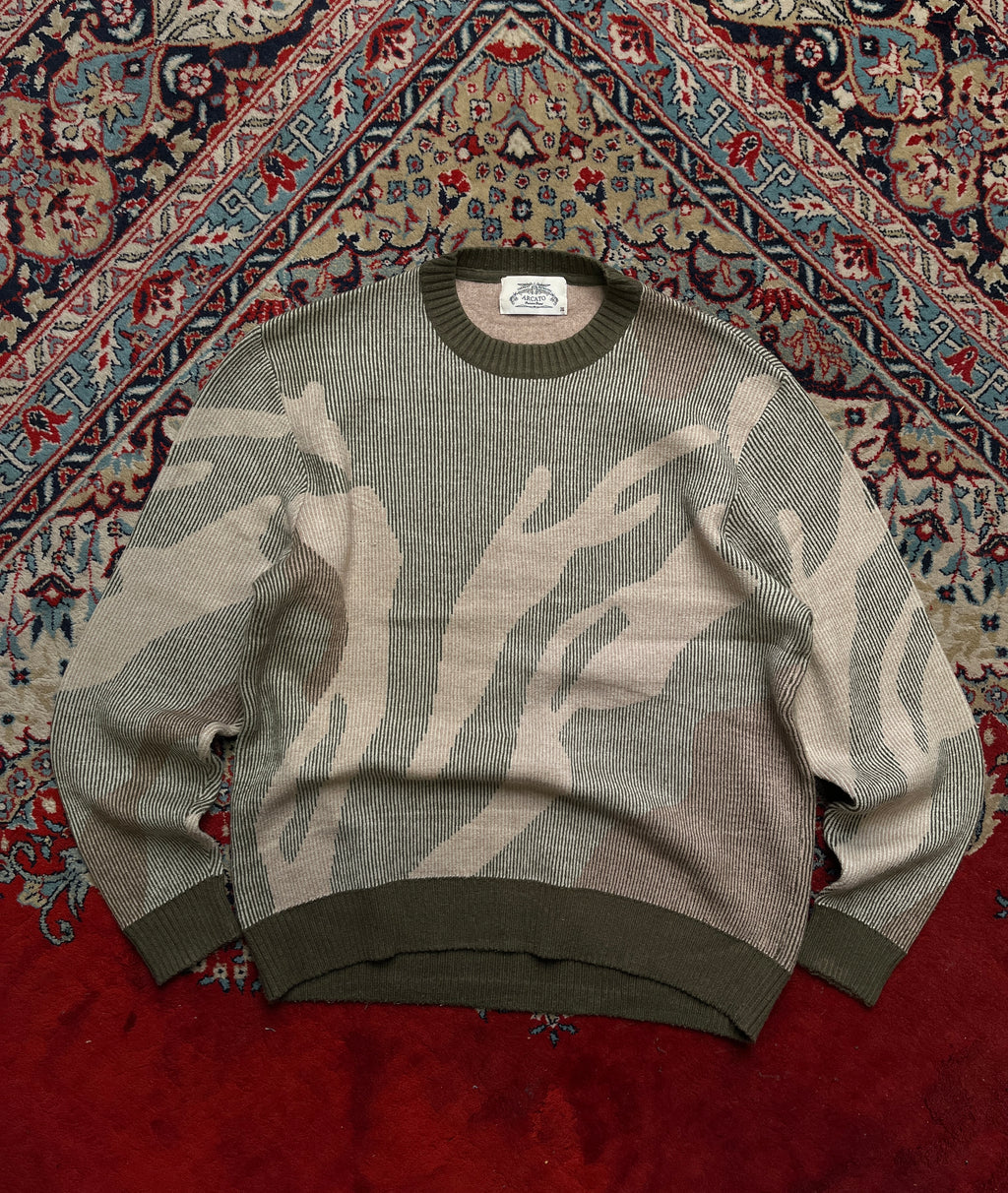 Arcato Abstract Camo Textured Ribbed Knit Crewneck Sweater - M