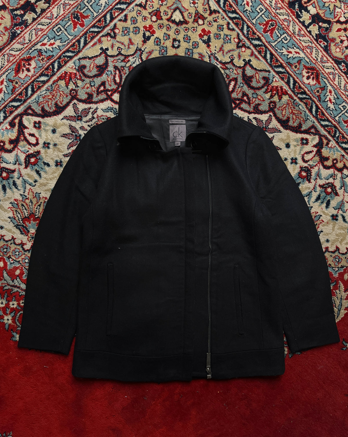 Calvin Klein Asymmetric Zip Italian Fabric Funnel Neck Wool Jacket - M