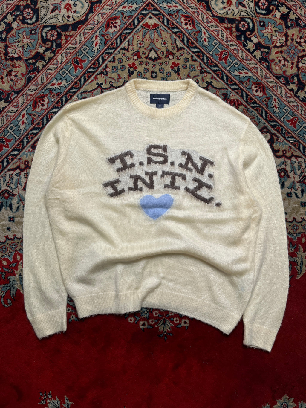 thisisneverthat T.S.N. INTL Heart Graphic Brushed Mohair Knit Crewneck Sweater - XL