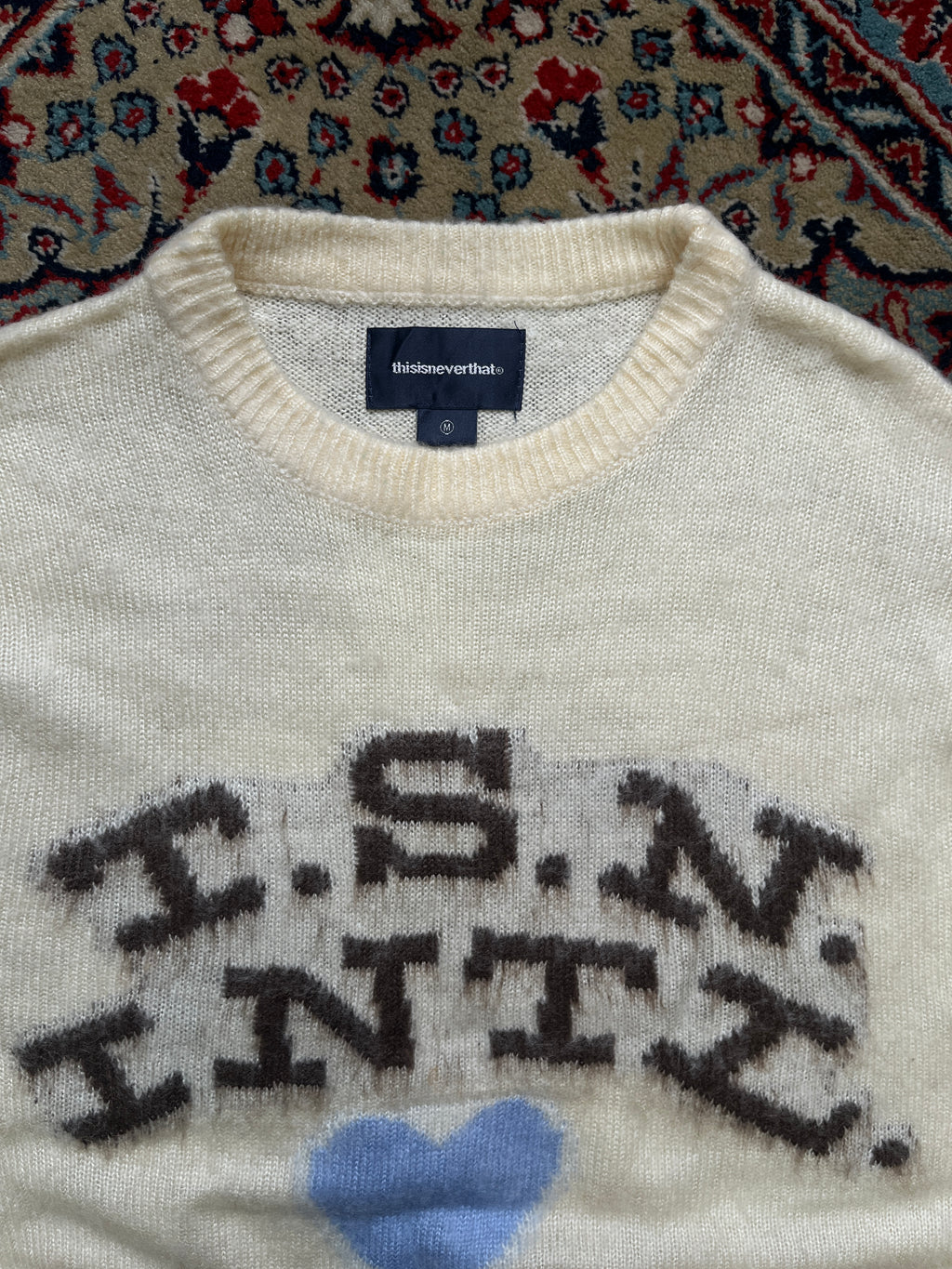 thisisneverthat T.S.N. INTL Heart Graphic Brushed Mohair Knit Crewneck Sweater - XL