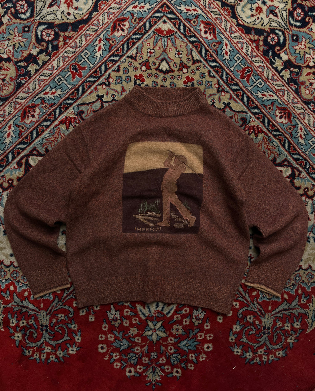 Vintage Imperial Wool Golfer Intarsia Graphic Mock Neck Sweater - M
