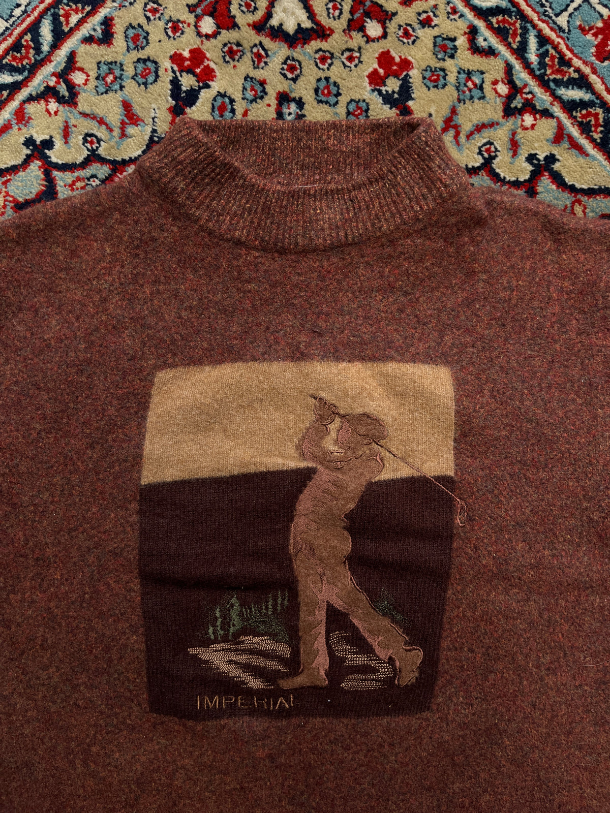 Vintage Imperial Wool Golfer Intarsia Graphic Mock Neck Sweater - M