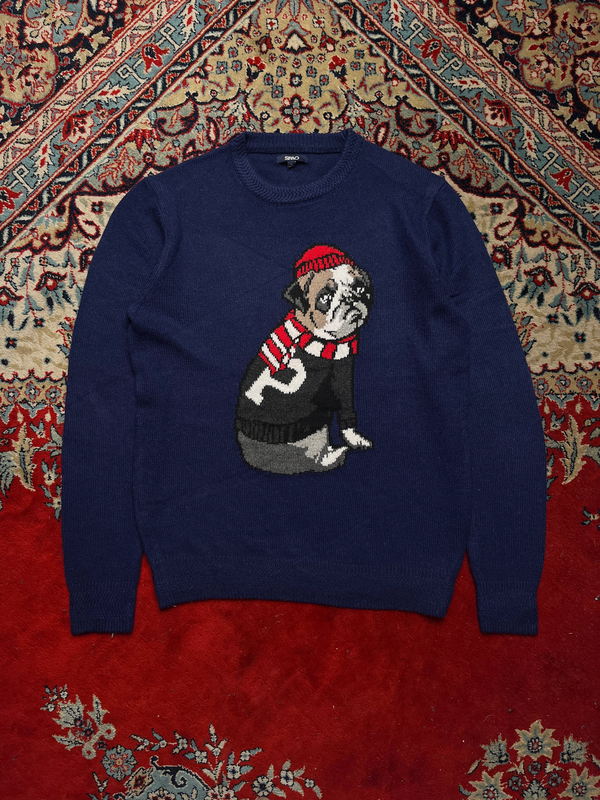 SPAO Navy Blue Bulldog Graphic Intarsia Knit Crewneck Sweater - M