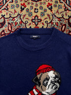 SPAO Navy Blue Bulldog Graphic Intarsia Knit Crewneck Sweater - M