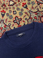 SPAO Navy Blue Bulldog Graphic Intarsia Knit Crewneck Sweater - M