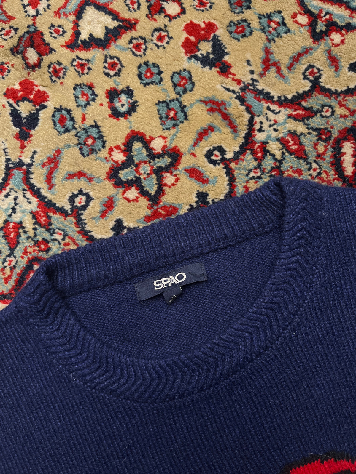 SPAO Navy Blue Bulldog Graphic Intarsia Knit Crewneck Sweater - M