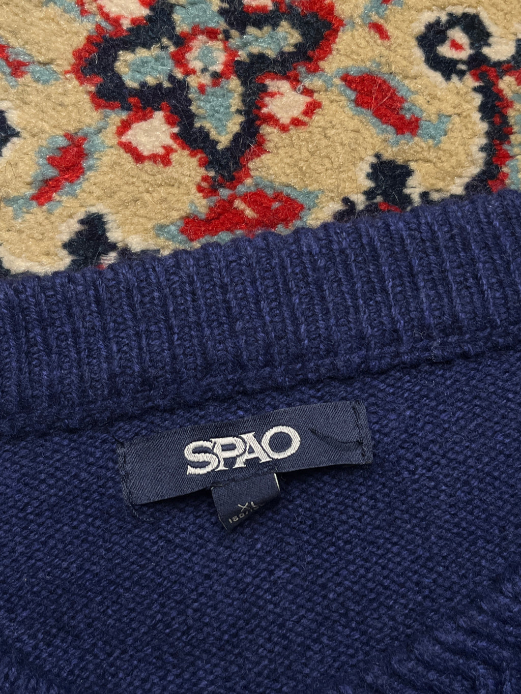 SPAO Navy Blue Bulldog Graphic Intarsia Knit Crewneck Sweater - M
