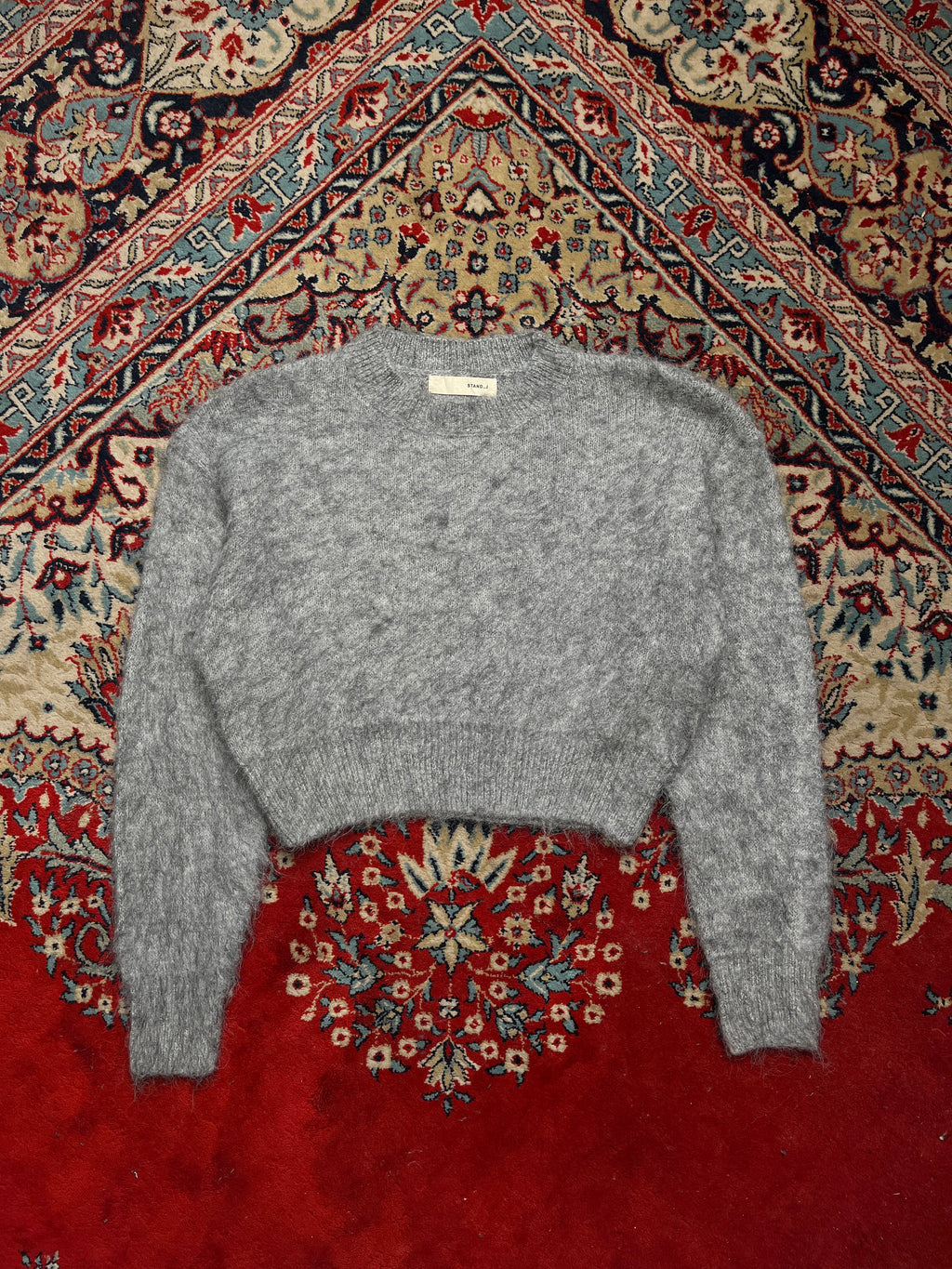 STAND J Grey Brushed Mohair-Style Cropped Crewneck Knit Sweater - M