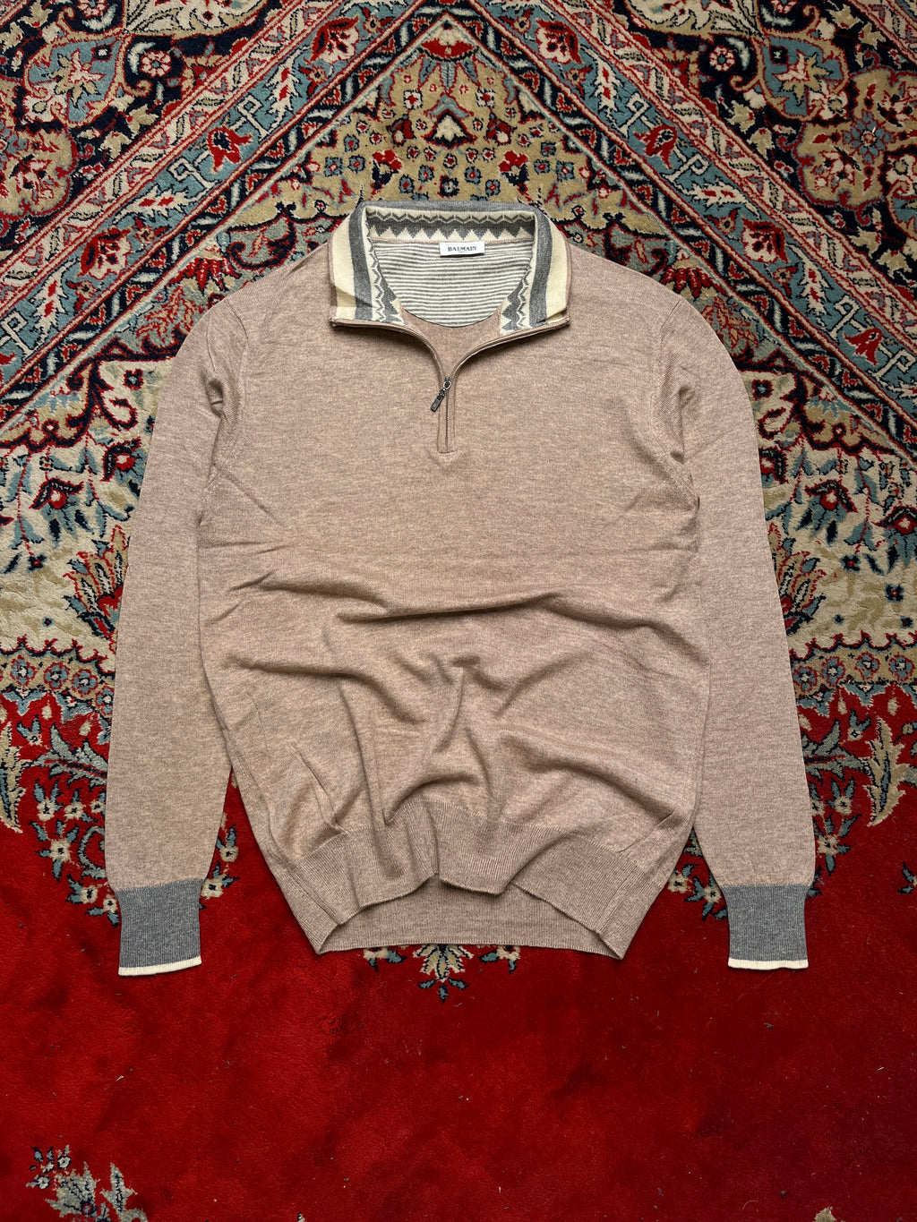Balmain Paris Oatmeal Wool Fair Isle Trim Quarter-Zip Sweater - M