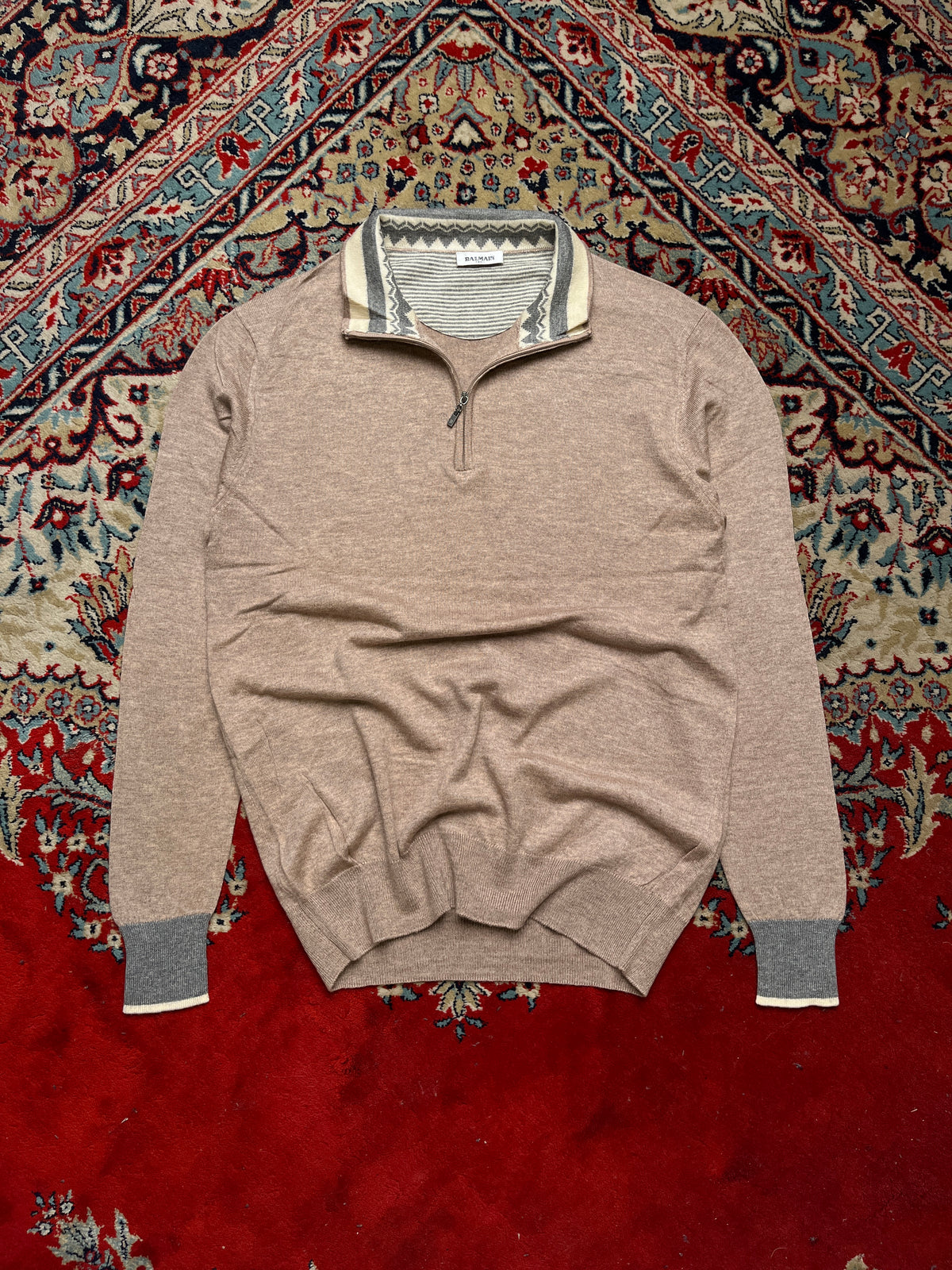 Balmain Paris Oatmeal Wool Fair Isle Trim Quarter-Zip Sweater - M