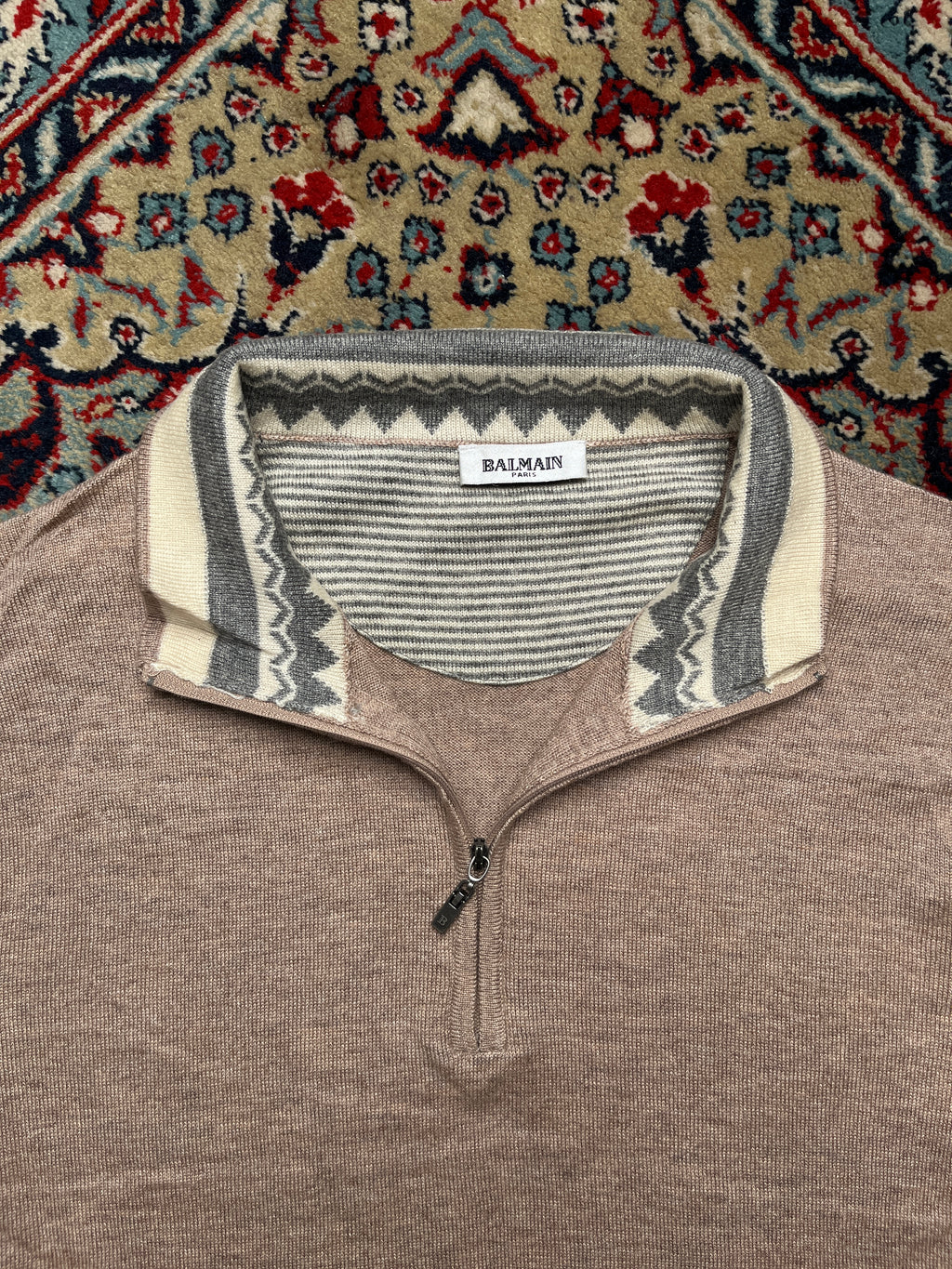 Balmain Paris Oatmeal Wool Fair Isle Trim Quarter-Zip Sweater - M