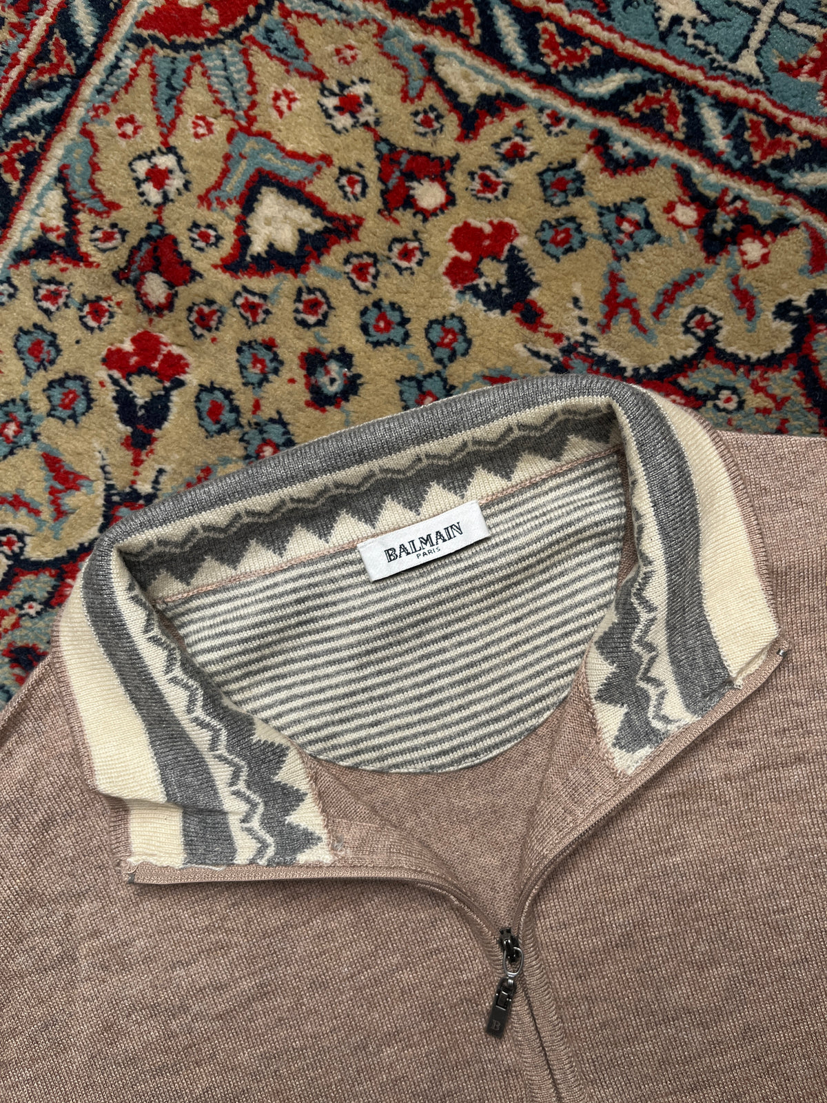 Balmain Paris Oatmeal Wool Fair Isle Trim Quarter-Zip Sweater - M
