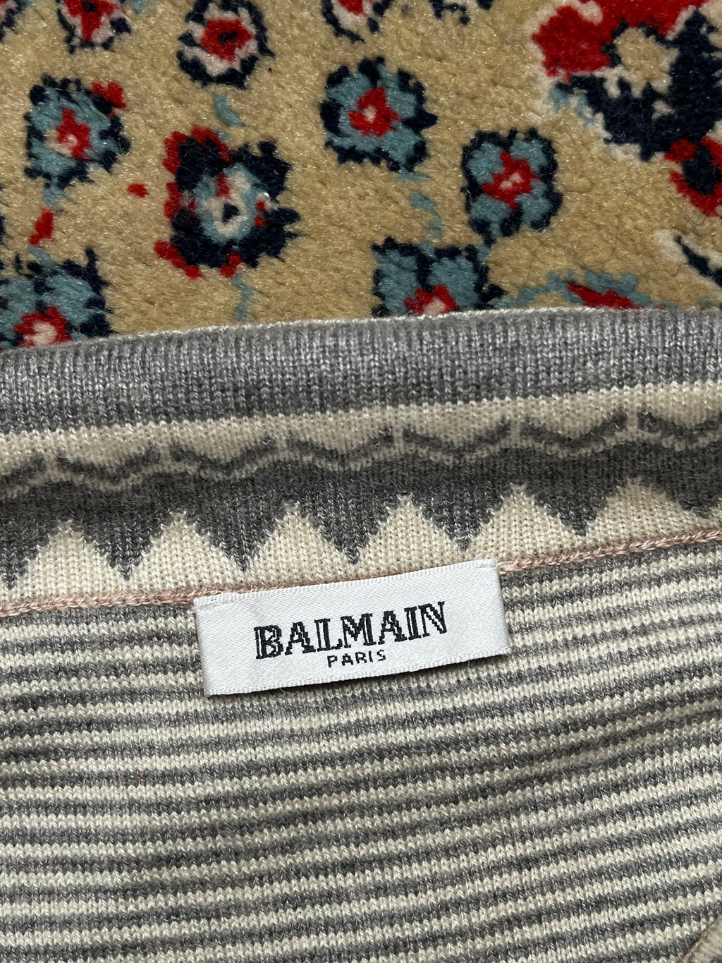 Balmain Paris Oatmeal Wool Fair Isle Trim Quarter-Zip Sweater - M